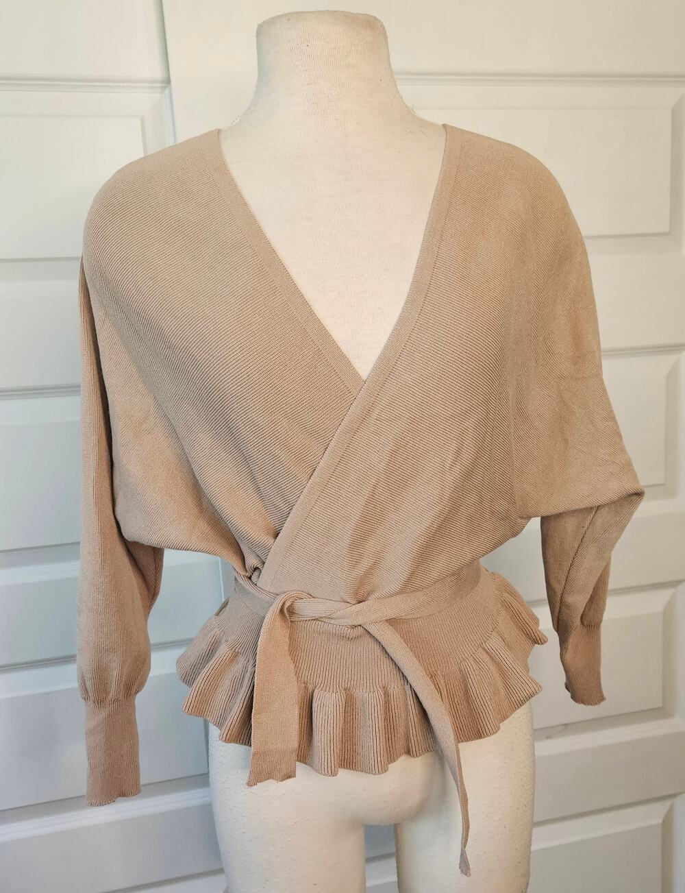 Balletcore Tan Wrap Sweater Ruffle Peplum Tie Knit Top Batwing Sleeve
